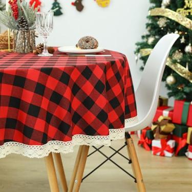 Imagem de Bentrilisa Toalha de mesa redonda com acabamento de renda, 121 cm, vermelho, preto, buffalo, xadrez, fazenda, para Natal, feriado, piquenique, cozinha, jantar