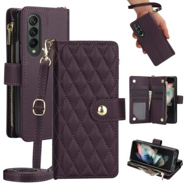 Imagem de Asuwish Capa de telefone para Samsung Galaxy Z Fold 3 5G 2021 com carteira com zíper, compartimento para cartão, suporte, alça de pulso, acessórios para celular ZFold3 Z3 Fold3 ZFold 3Z ZFold35G