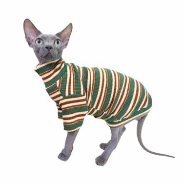 Imagem de Camisetas de algodão com gola de tartaruga vintage listras sphynx gato sem pelos roupas para animais de estimação colete camisas de gatinho sem mangas, roupas para gatos e cães pequenos (pântano, P