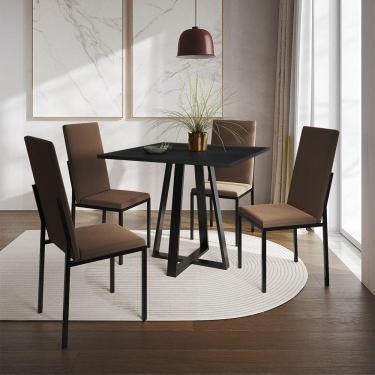 Imagem de Conjunto De Jantar Mesa Mônaco Premium 90Cm Preta Com 4 Cadeiras Estofadas Marrom - Cor: Preto