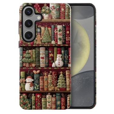 Imagem de heindiy Compatível com Samsung Galaxy S24, capa brilhante proteção completa à prova de choque anti-arranhões capa de TPU, capas para homem, mulher, estante, livros, árvore de Natal, boneco de neve