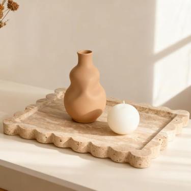 Imagem de Bandeja de mármore recortada de travertino genuíno, bandejas de pedra de mármore natural real, bandejas decorativas de luxo para banheiro, cômoda, penteadeira, cozinha, decoração de casa, 27 x 20 cm
