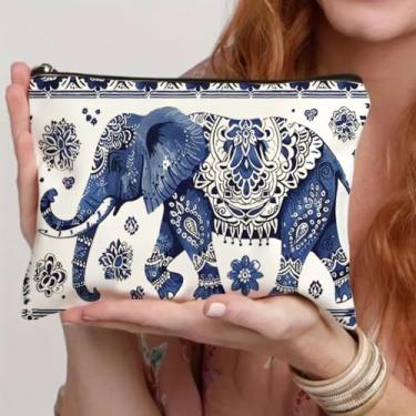 Imagem de 1 bolsa de maquiagem de lona elegante com elefante azul e padrões florais – uma bolsa leve e dobrável com zíper adequada para armazenar itens essenciais de viagem, artigos de higiene pessoal