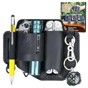 Imagem de FLYHOMES Bainha multiferramentas de couro genuíno | Organizador de cinto EDC costurado feito à mão para Leatherman Surge | Lanterna, Coldre de faca, caneta e bolsa de ferramentas | Preto (grande)