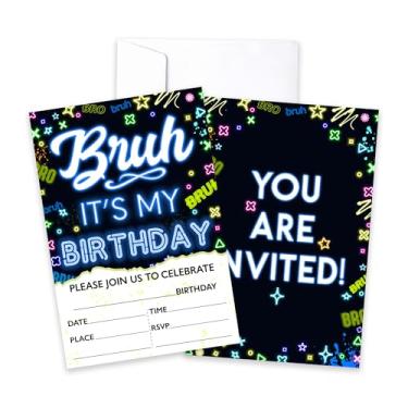 Imagem de CLIRBE Convites de festa de aniversário Bruh, Convites de aniversário de neon brilhante para irmão irmão meninos adolescentes, 20 cartões de convites com 20 envelopes, lembrancinhas de artigos de