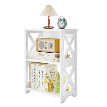 Imagem de Mesa lateral de 3 andares, mesa de canto estreita com prateleira de armazenamento, mesa de cabeceira minimalista, estante pequena para espaços, prateleiras de banheiro, suporte de exibição para quarto