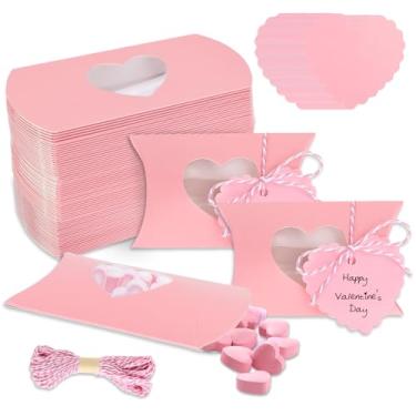 Imagem de JarThenaAMCS 50 caixas de presente de dia dos namorados com etiqueta de presente, papel corda de algodão, caixa de travesseiro rosa com janela de PVC em forma de coração para festa de casamento
