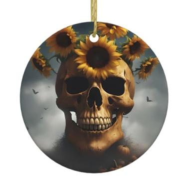 Imagem de Girassol Halloween crânio estampado Natal cerâmica pendurado redondo pendurado, pingentes de porcelana, decoração criativa de Natal
