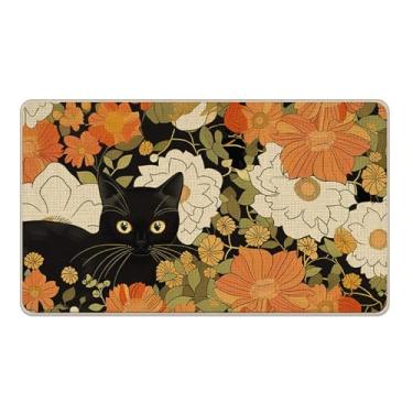 Imagem de Livcoz Tapete de porta da frente floral de gato preto, primavera verão vintage animal de estimação gatinho flor tapete decorativo antiderrapante tapete de entrada, baixo perfil interior exterior