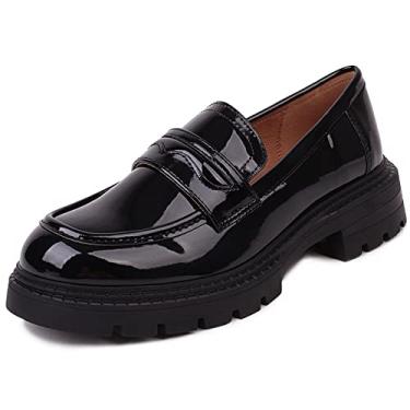 Imagem de Mocassins femininos da moda estilo britânico, mocassins com borla de couro envernizado, mocassins pretos de sola grossa, sapatos baixos casuais simples, sapatos de tamanho grande., Preto 1, 9.5