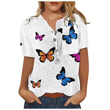 Imagem de Camisetas longas com estampa floral folgada para mulheres outono verão manga curta gola V camisa de linho feminina 2024 Y2K, W-513 Branco, XXG