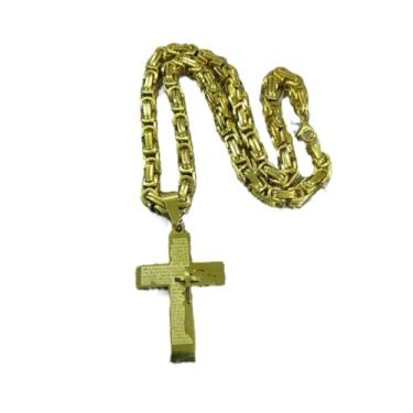 Imagem de Corrente Bali Banhada a ouro 18k 60cm com pingente de cruz pai nosso Colar grosso