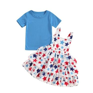 Imagem de Shejingb Roupas infantis de verão para bebês meninas camiseta de manga curta lisa com babados margaridas macacão vestido roupa 18M-6T, 4 de julho, azul, 3-4 Anos