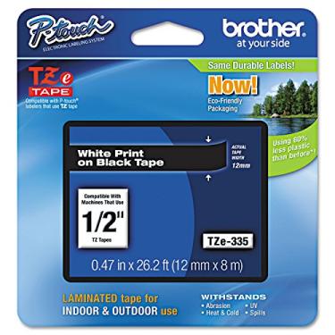 Imagem de Brother Fita de etiqueta P-touch TZE-335 genuína, fita P-touch laminada padrão de 1,2 cm, branca sobre preta, laminada para uso interno ou externo, resistente à água, 8 m, pacote único