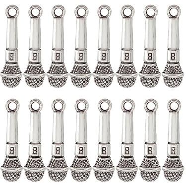 Imagem de SUNNYCLUE 1 caixa com 60 pingentes de microfone, pingentes de música a granel, estilo tibetano, cantor de prata antigo, mini karaokê, pequenos pingentes de liga realistas em miniatura para fazer