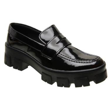 Imagem de Sapato Feminino Mocassim Oxford Sola Tratorada Confortável Preto Verni