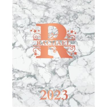 Imagem de Rachael 2023: Personalized Name Weekly Planner Diary 2023. Monogram Letter R Notebook Planner. White Marble & Rose Gold Cover. Datebook Calendar Schedule
