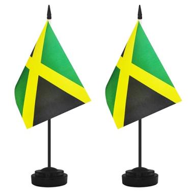 Imagem de Conjunto de 2 bandeiras de mesa da Jamaica, bandeira de escritório pequena mesa em miniatura jamaicana com poste preto de 30 cm e base preta, escritórios, sala de aula, casa, decoração de festival