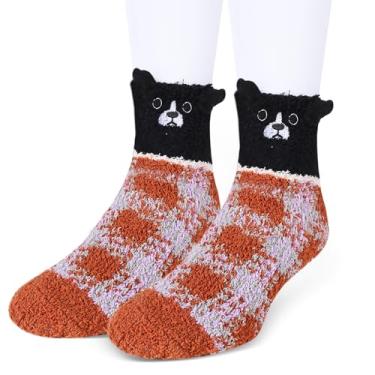 Imagem de Meias unissex masculinas quentes super macias de pelúcia femininas animais fofos meias felpudas de inverno fofas se você puder ler estas meias de tripulação, Cachorro xadrez marrom