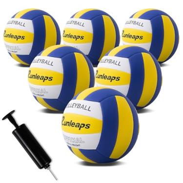 Imagem de Runleaps Pacote com 6 bolas de vôlei, à prova d'água, para uso interno e externo, para jogos de praia, academia, treinamento com bomba (tamanho oficial 5, amarelo branco azul)