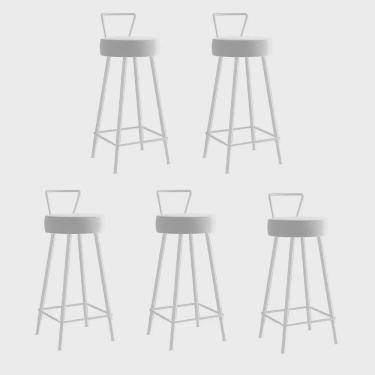 Imagem de Kit 05 Banqueta Alta Com Encosto Tais Eiffel Cozinha Bar Bistrô Ferro Branco Sintético Branco - Ahazzo Móveis