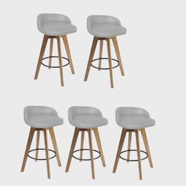 Imagem de Kit 05 Banqueta Alta Com Encosto Berlim Base Giratória Madeira Linho Bege - Ahz Móveis