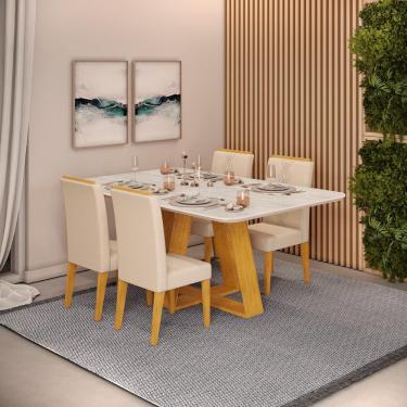 Imagem de Conjunto Sala de Jantar 4 Cadeiras Tampo Sem Vidro 170x90 dj Móveis Kiara Cedro Quartzo Yasmin Linho Neve
