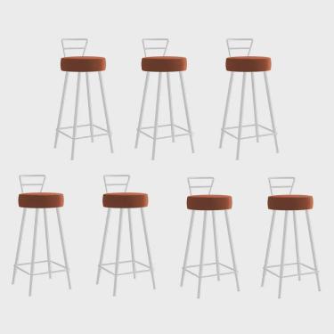 Imagem de Kit 07 Banqueta Alta Com Encosto Tina Eiffel Cozinha Bar Bistrô Ferro Branco Sintético Laranja - Ahazzo Móveis