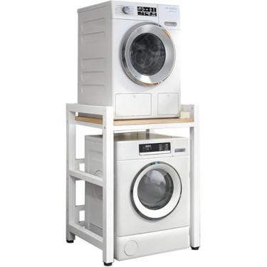 Imagem de Kit De Empilhamento Suporte Ajustável, Lavadora E Secadora De Carga Frontal - Rack Portátil Com Capacidade De 400kg - Unidade De Armazenamento De Lavadora Para Lavanderia, White Frame+light Walnut