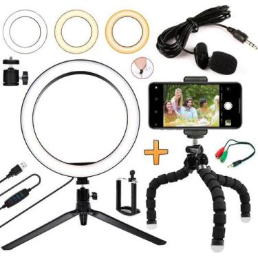 Imagem de Kit Youtuber Microfone Lapela Celular Universal Tripé Luz Led Iluminad