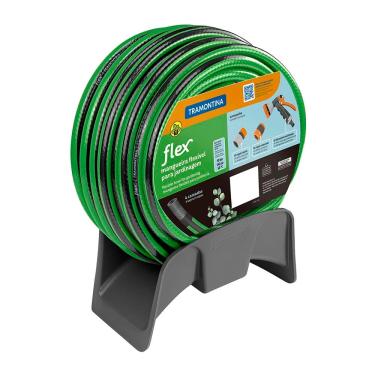 Imagem de Mangueira Tramontina Flex para Jardim Verde com Faixa Preta em PVC 4 Camadas, Engate Rápido, Engate Rosqueado, Hidropistola e Suporte – 10 Metros