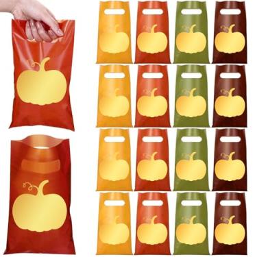 Imagem de FYSUIMU 50 peças de saco de lembrancinhas de festa de outono, sacos de plástico de abóbora, folha dourada, com alças, sacos de guloseimas para colheita de outono e Ação de Graças, embalagem de
