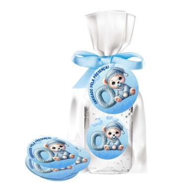 Imagem de kit 25 Lembrancinhas Alcool Gel Ursinho Azul Maternidade e Chá De Bebê 30ml Aroma de Bebê
