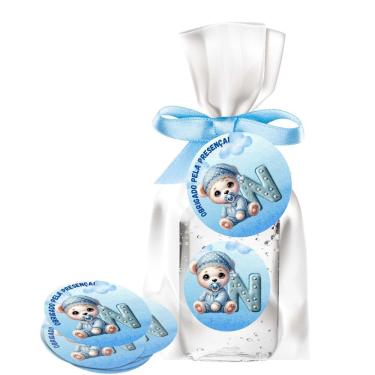 Imagem de kit 25 Lembrancinhas Alcool Gel Ursinho Azul Maternidade e Chá De Bebê 30ml Aroma de Bebê