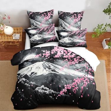 Imagem de CCoutueChen Conjunto de edredom Queen com flor de cerejeira japonesa, rosa, floral, cinza escuro, preto, paisagem e lua estética, macio, leve, 90 x 229 cm