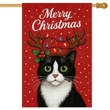 Imagem de BlissYard Merry Christmas Bandeira de jardim preto e branco gato olhos verdes chifres de rena 71 x 101 cm faixas de quintal grandes dupla face para amantes de gatos varanda casa ao ar livre férias