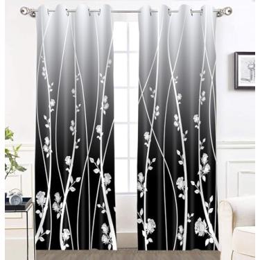 Imagem de Cortina blecaute gradiente 132 x 213 cm Cortinas estampadas com estampa floral de casa de fazenda para sala de estar quarto escritório decoração de janela (preto) CLLSMN315