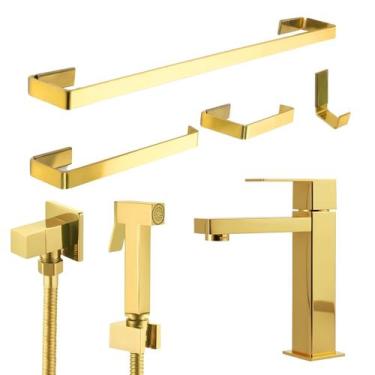 Imagem de Kit Banheiro Lavabo Dourado Gold Linha Luxo com Ducha Higiênica e Torn