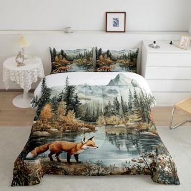 Imagem de Conjunto de edredom Queen da floresta de raposa, pinheiro, floresta, para decoração de quarto de crianças, meninas, meninos, adultos, vida selvagem, lago, montanha, 3 peças, conjunto de colcha macia
