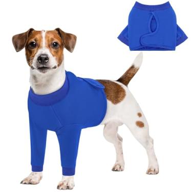 Imagem de Queenmore Manga de perna de cachorro para parar de lamber, alternativa ao cone da vergonha, protetor de cotovelo para cães pós-cirurgia com fitas mágicas, traje de recuperação para cães, azul, P