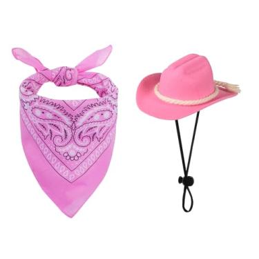 Imagem de choyaxo Chapéu de cowboy para cães, fantasia de caubói para cães pequenos, gatos, chapéu de caubói com bandana conjunto de cachecol acessórios de festa (rosa, médio)