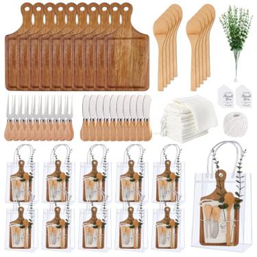 Imagem de Prêmios de chá de bebê para vencedores de jogos tábua de queijo de bambu colher garfo espalhadores de manteiga toalha xadrez cartão de agradecimento e sacos de presente para chá de bebê casamento