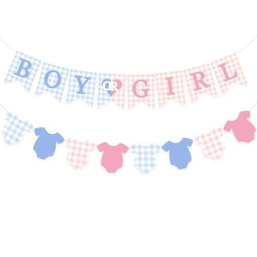 Imagem de Faixa xadrez xadrez guingão menino ou menina chá de bebê decoração varal macacão guirlandas revelação gênero suprimentos de festa azul rosa