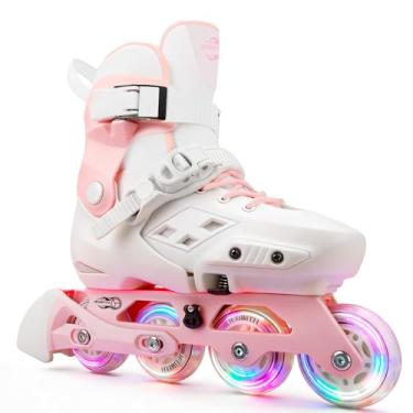 Imagem de JEUWITH Patins em linha para crianças, meninas, meninos com rodas iluminadas, tamanho ajustável adequado para iniciantes patins lâminas para mulheres, meninas e adultos (rosa 4-7US)