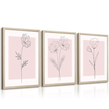Imagem de Baccone Pintura em tela de flores rosa rosa para decoração de parede botânica floral para quarto de menina arte estética coquete arte para quarto, escritório, banheiro, 30,5 x 40,6 cm, conjunto com 3