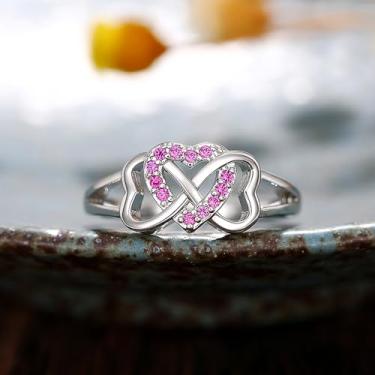 Imagem de Aliança de casamento romântica com coração e joia delicada de zircônia cúbica brilhante, 11, Latão, Zircônia cúbica