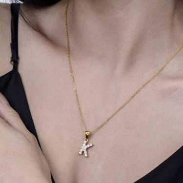 Imagem de Colar com pingente de cristal banhado a ouro 18 K - joia com monograma de strass para presentes personalizados e uso diário, F, Aço inoxidável, Sem Pedra Preciosa