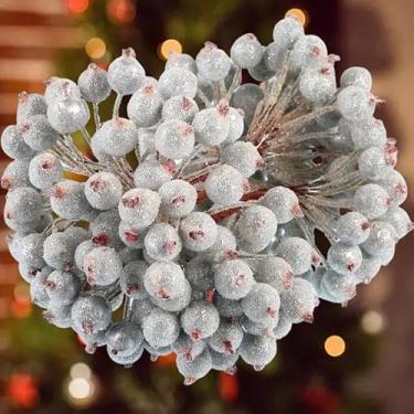 Imagem de 2 pacotes de bagas artificiais de azevinho fosco, cabeça dupla, mini bagas falsas de estame de cereja, guirlanda de Natal, decoração de festa de Natal (prata-2 pacotes)