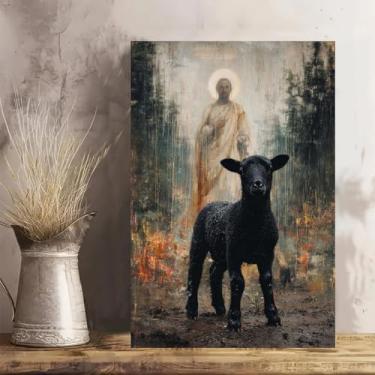 Imagem de Black Lamb Before Jesus Painting Vintage Rustic Canvas Wall Art - Pôster sem moldura de 30 x 45 cm - Decoração de casa e escritório para sala de estar, quarto, cozinha e café