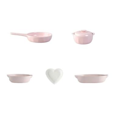 Imagem de Pratos frescos de cor sólida de cerâmica para casa requintada de alta temperatura - conjunto de 5 peças dentro e fora rosa claro.